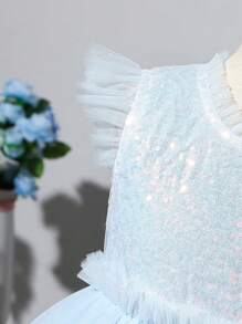 SHEIN 女小童蕾絲拼接荷葉邊網紗邊派對禮服 - 淺藍色 - 查看 3