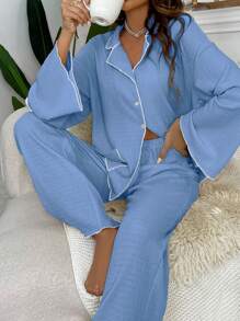 Tương phản ràng buộc Thả vai Bộ giản dị - Màu xanh bụi bặm - Xem 3