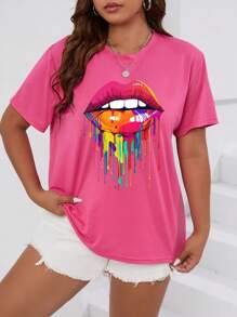 SHEIN Essnce Hơn Dấu môi Áo thun - Hồng - Xem 1