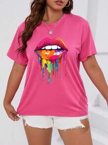 SHEIN Essnce Hơn Dấu môi Áo thun - Hồng - Xem 3