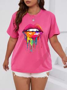 SHEIN Essnce Hơn Dấu môi Áo thun - Hồng - Xem 5