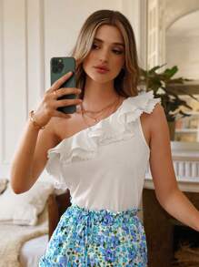 SHEIN Frenchy Một bờ vai Viền Ruffle Chất rắn Áo - trắng - Xem 1