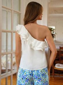 SHEIN Frenchy Một bờ vai Viền Ruffle Chất rắn Áo - trắng - Xem 2