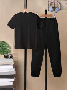 SHEIN 男大童字母圖案T恤&腰部抽繩長褲 - 黑色 - 查看 2