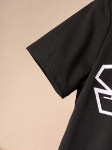 SHEIN 男大童字母圖案T恤&腰部抽繩長褲 - 黑色 - 查看 3