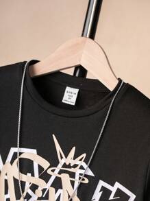 SHEIN 男大童字母圖案T恤&腰部抽繩長褲 - 黑色 - 查看 4