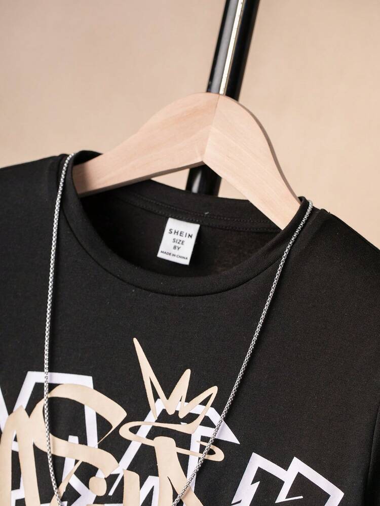 SHEIN Cậu bé Tween Đồ họa Chữ cái Áo thun & Eo dây rút Quần - màu đen - Xem 4