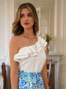 SHEIN Frenchy Một bờ vai Viền Ruffle Chất rắn Áo - trắng - Xem 5