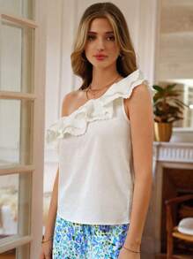 SHEIN Frenchy Một bờ vai Viền Ruffle Chất rắn Áo - trắng - Xem 6