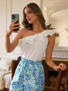 SHEIN Frenchy Một bờ vai Viền Ruffle Chất rắn Áo - trắng - Xem 7