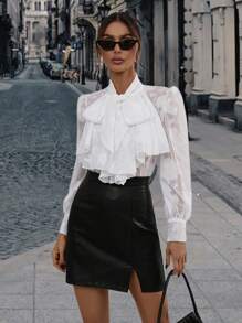 SHEIN Frenchy Tie Neck Ruffle Trim Button Front Shirt - White - View 1