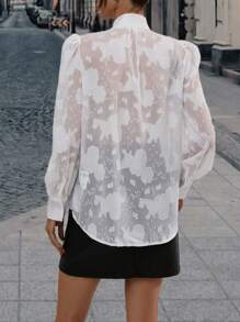 SHEIN Frenchy Tie Neck Ruffle Trim Button Front Shirt - White - View 2