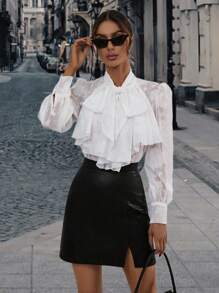 SHEIN Frenchy Tie Neck Ruffle Trim Button Front Shirt - White - View 3