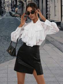 SHEIN Frenchy Tie Neck Ruffle Trim Button Front Shirt - White - View 5