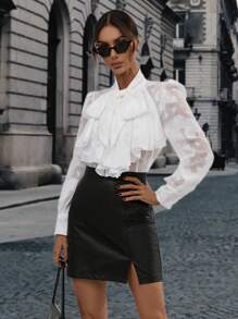 SHEIN Frenchy Tie Neck Ruffle Trim Button Front Shirt - White - View 6