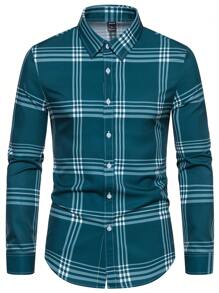 Manfinity Mode 男士格子印花纽扣衬衫，男士蓝绿色格子衬衫，秋季 - 水鴨藍 - 查看 4