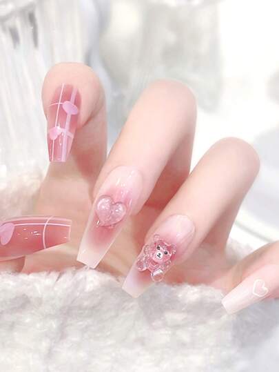 Kawaii 24pcs Long Coffin 3D Bear Decor Fake Nail & 1pc Nail File & 1sheet Tape