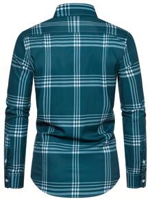 Manfinity Mode 男士格子印花纽扣衬衫，男士蓝绿色格子衬衫，秋季 - 水鴨藍 - 查看 2