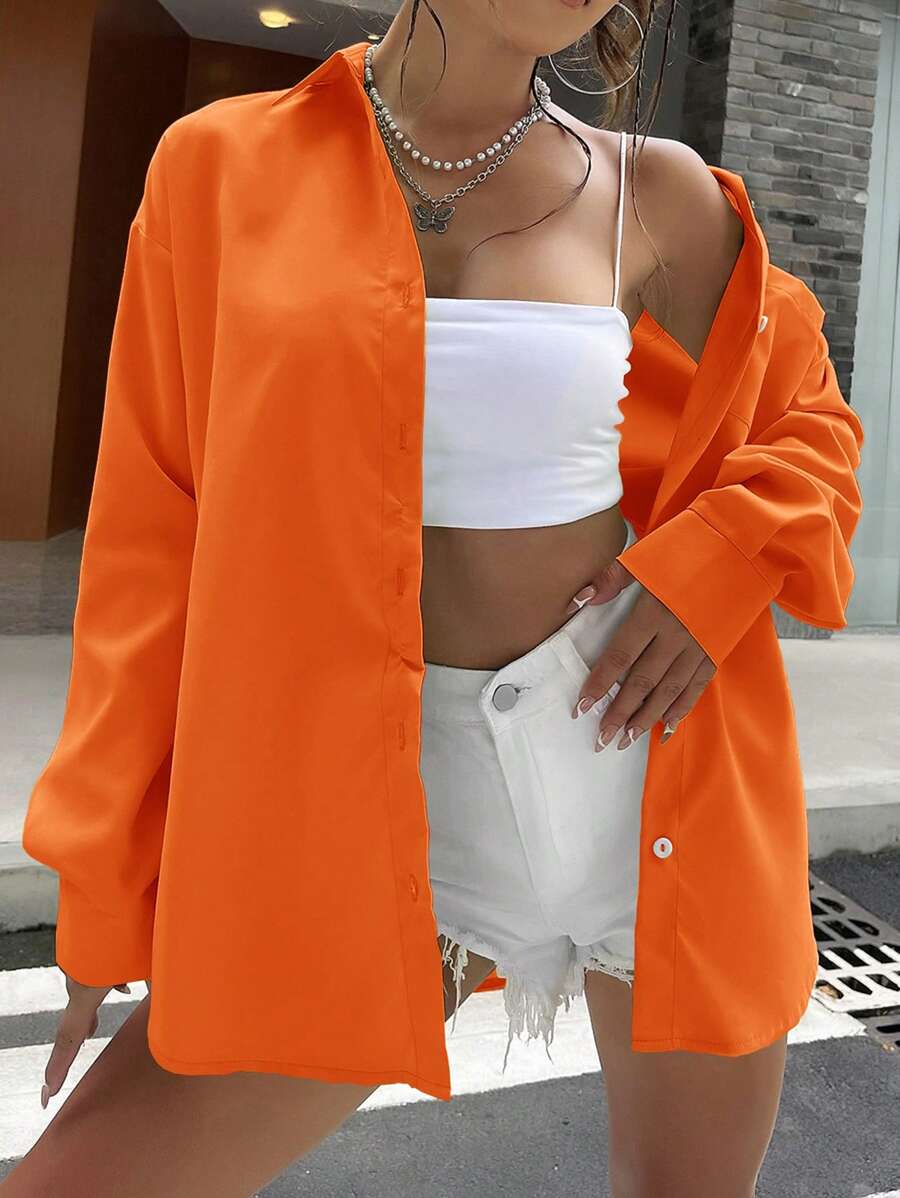 SHEIN Unity Solid Drop Shoulder Button Front Shirt - Orange - View 1