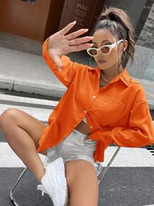SHEIN Unity Solid Drop Shoulder Button Front Shirt - Orange - View 4