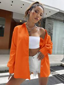 SHEIN Unity Solid Drop Shoulder Button Front Shirt - Orange - View 7