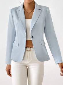 Solid Single Button Blazer In Fall/Winter - Baby Blue - View 1