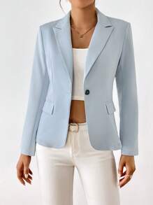 Solid Single Button Blazer In Fall/Winter - Baby Blue - View 3