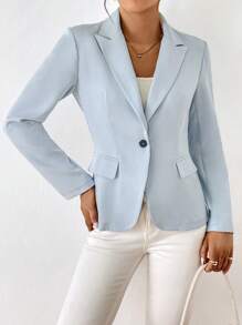 Solid Single Button Blazer In Fall/Winter - Baby Blue - View 4