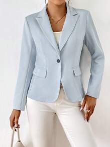 Solid Single Button Blazer In Fall/Winter - Baby Blue - View 5