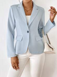 Solid Single Button Blazer In Fall/Winter - Baby Blue - View 6