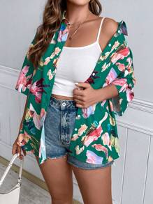 SHEIN Holidaya 大碼印花落肩袖襯衫 - 綠色 - 查看 3