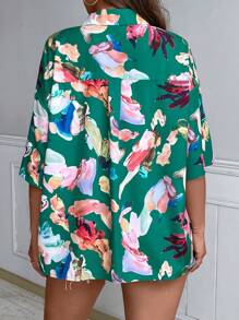 SHEIN Holidaya 大碼印花落肩袖襯衫 - 綠色 - 查看 2