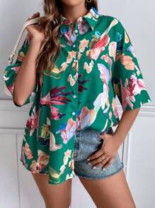 SHEIN Holidaya 大碼印花落肩袖襯衫 - 綠色 - 查看 4