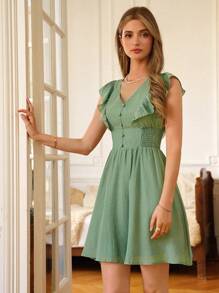 SHEIN Frenchy Chất rắn Nút phía trước Váy chữ A - màu xanh lá - Xem 5