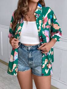 SHEIN Holidaya 大碼印花落肩袖襯衫 - 綠色 - 查看 1