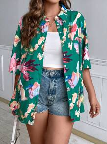 SHEIN Holidaya 大碼印花落肩袖襯衫 - 綠色 - 查看 5