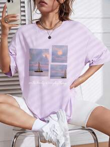 SHEIN Qutie Hình ảnh Và Đồ họa Khẩu hiệu Áo thun Thả vai - Màu tím hoa cà - Xem 1