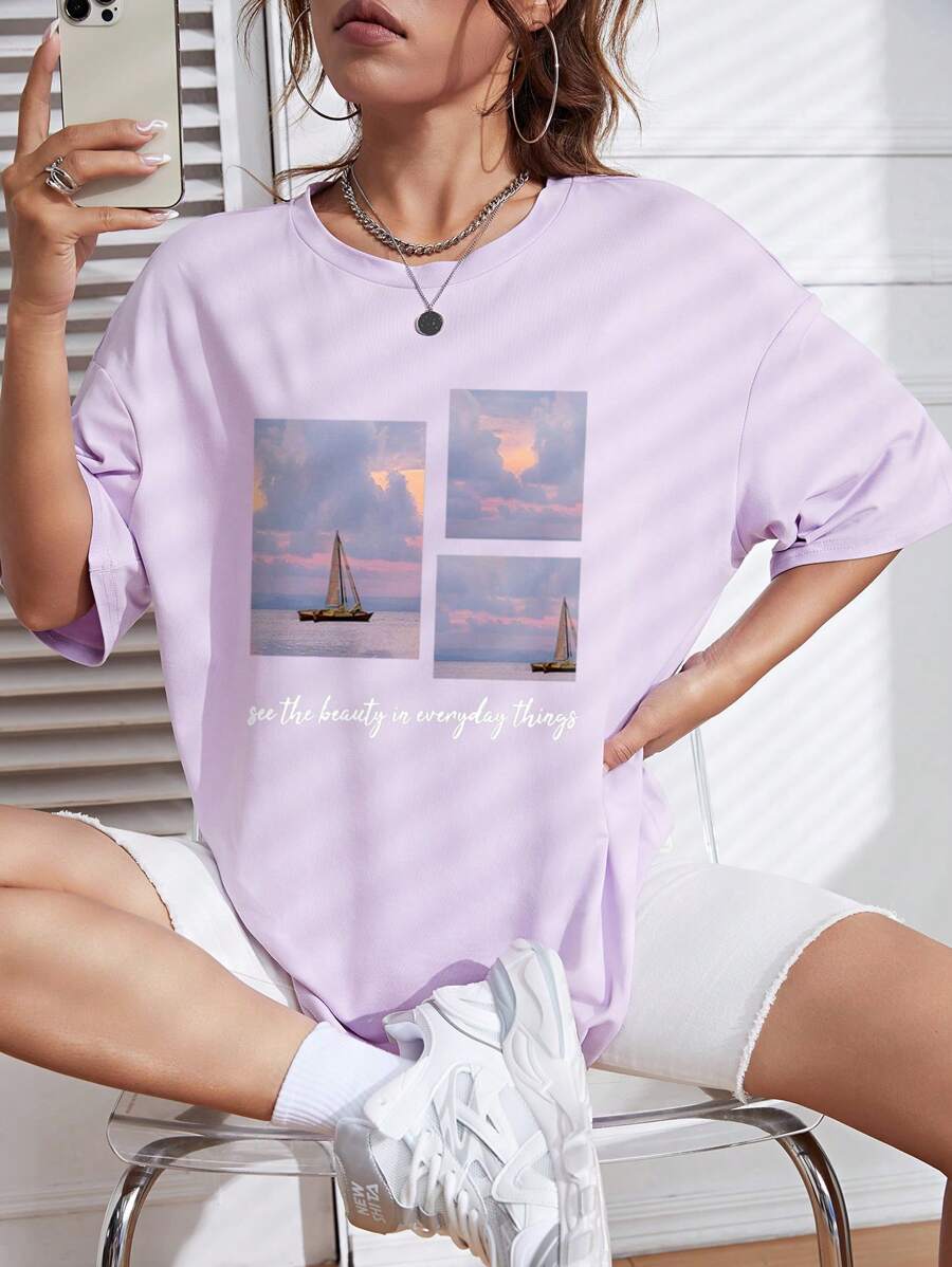 SHEIN Qutie Hình ảnh Và Đồ họa Khẩu hiệu Áo thun Thả vai - Màu tím hoa cà - Xem 1