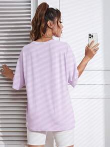 SHEIN Qutie Hình ảnh Và Đồ họa Khẩu hiệu Áo thun Thả vai - Màu tím hoa cà - Xem 2