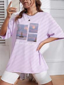 SHEIN Qutie Hình ảnh Và Đồ họa Khẩu hiệu Áo thun Thả vai - Màu tím hoa cà - Xem 3