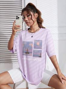 SHEIN Qutie Hình ảnh Và Đồ họa Khẩu hiệu Áo thun Thả vai - Màu tím hoa cà - Xem 5