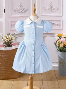 SHEIN Cô Gái Trẻ Cổ áo tương phản Ống tay áo Váy sơ mi - Màu xanh nhạt - Xem 1