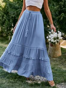 Simplee 休闲度假西式女式流苏荷叶边下摆裙子，夏季 - 藍色 - 查看 4