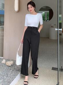 DAZY Solid Split Hem Suit Trousers - Black - View 4