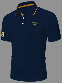 Manfinity Homme Men Letter Graphic Contrast Trim Polo Shirt - Navy Blue - View 3