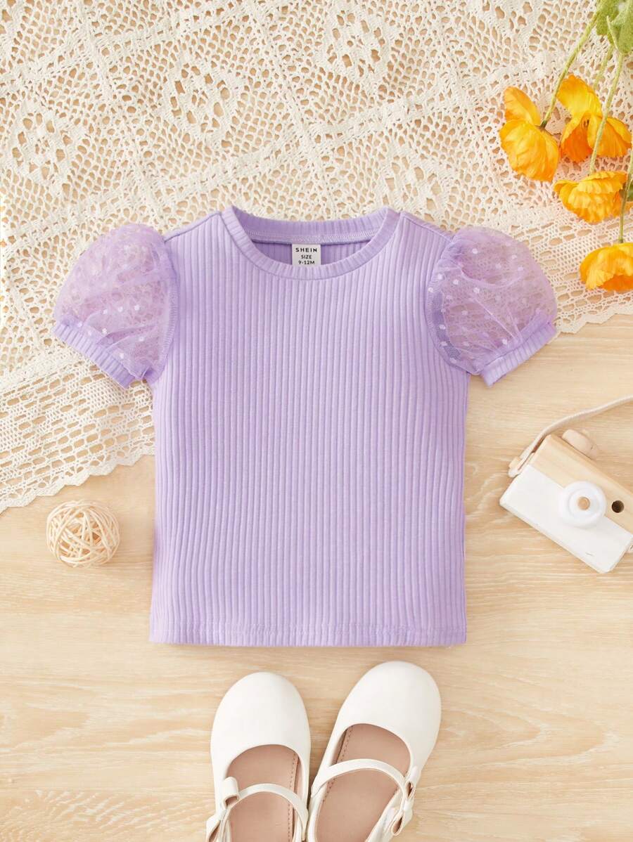 SHEIN Sweet And Cute Princess Style Baby Girls' T-Shirt With Mesh Splicing And Bubble Sleeves - Lilac Purple - View 1