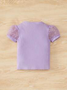 SHEIN Sweet And Cute Princess Style Baby Girls' T-Shirt With Mesh Splicing And Bubble Sleeves - Lilac Purple - View 2