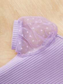 SHEIN Sweet And Cute Princess Style Baby Girls' T-Shirt With Mesh Splicing And Bubble Sleeves - Lilac Purple - View 4