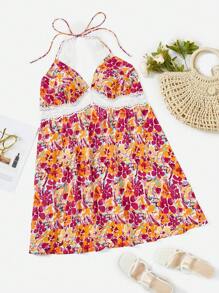 Dreamara Plus Floral Print Contrast Lace Tie Backless Dress - Multicolor - View 1