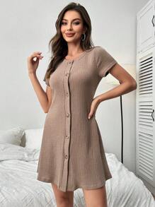 Vestido homewear con botón delantero tejido de canalé - Marrón - Ver 6